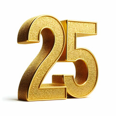 Golden 3d number 25 in glitter texture isolated on white background 