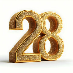 Golden 3d number 28 in glitter texture isolated on white background