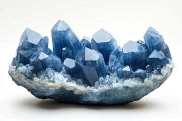 Obraz premium Beautiful blue crystal cluster with sharp points on a white base displayed against a neutral background