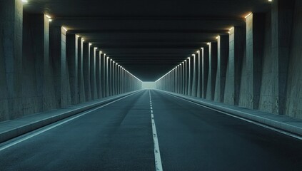 Empty tunnel road perspective with illuminated pillars.