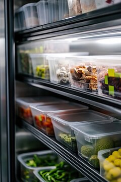 Organized Refrigerator with Transparent Food Storage Containers Filled with Fresh Ingredients