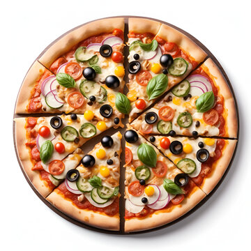 Delicious pizza with toppings, white isolate background
