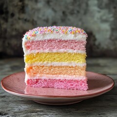 Colorful layered cake slice with sprinkles on pink plate and rustic background