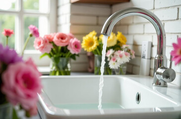 Close up water flows from the tap into a large white sink,  pastel colors image without shadows and dark colors, flower shop , surrounded by an array of vibrant pastel-colored flowers.white brick wall