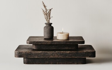 Rustic wooden tiered display with candle and vase.
