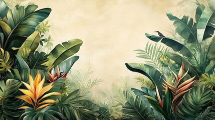 Obraz premium Tropical Foliage with Bird of Paradise Flowers, Tropical foliage with bird of paradise flowers on a beige background