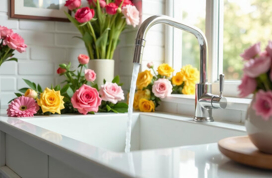 Close up water flows from the tap into a large white sink,  pastel colors image without shadows and dark colors, flower shop , surrounded by an array of vibrant pastel-colored flowers.white brick wall