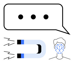 Speech bubble with dots, magnet symbolizing attraction, and facial recognition outlines. Ideal for technology, AI, communication, networking, engagement, emotion analysis flat simple metaphor