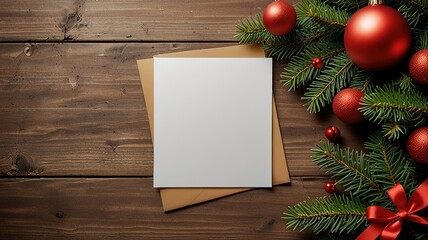 Fototapeta premium Greeting card christmas mockup with fir tree branches on dark wooden background