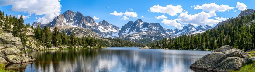 Serene Mountain Landscape with a Peaceful Lake and Snow-Capped Peaks Under a Blue Sky