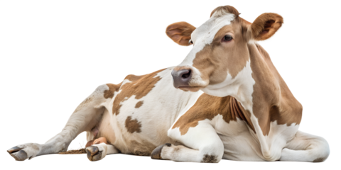 Brown and White Cow Sitting on Transparent Background