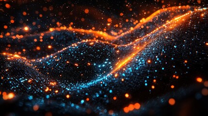 Obraz premium Abstract data flow waves of digital particles in orange and blue bokeh space