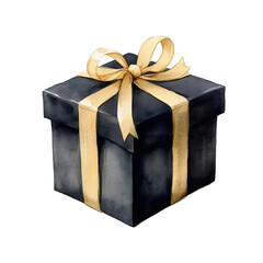 Obraz premium Hand-drawn watercolor illustration of a black gift box with gold ribbon