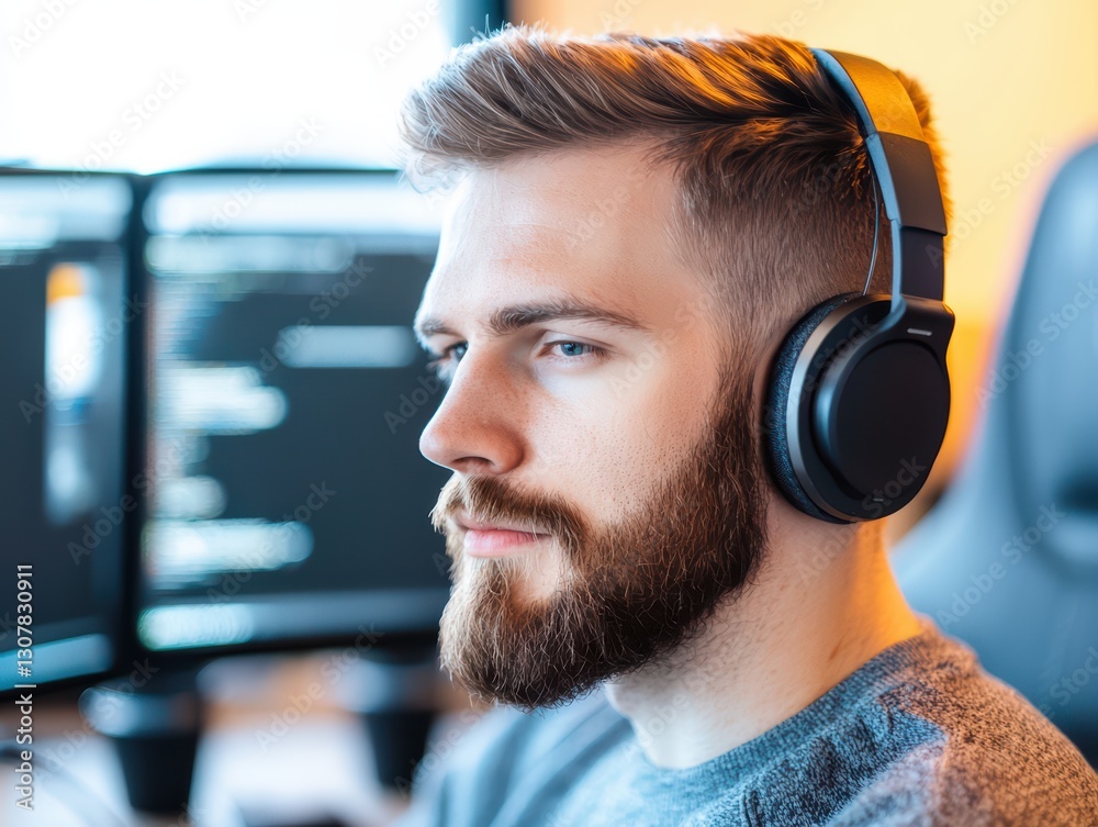 Poster cozy home office setup for a remote programmer wearing headphones while focused on coding