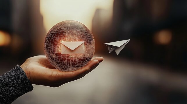 A hand supports a globe featuring an email icon and a paper airplane, illustrating the concept of global communication in a digital world supporting sustainability efforts