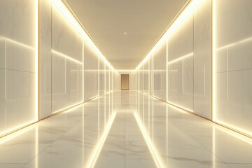 Obraz premium A long, luxurious corridor with marble floors and walls, illuminated by warm LED strip lighting.