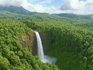 Fototapeta premium A stunning waterfall plunging into vibrant green woodlands, representing deep connection with nature and thrill in pristine environments.