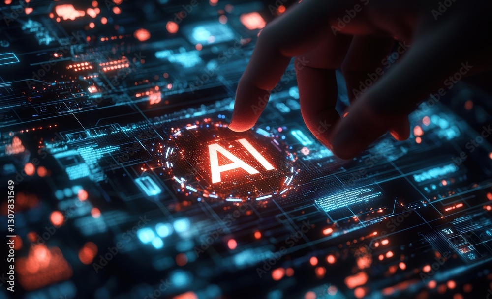 Poster Engineer activating artificial intelligence icon on futuristic interactive display