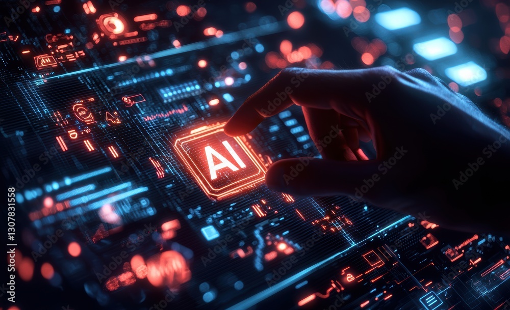 Poster Hand touching ai icon on interactive display with glowing data points and holographic graphs