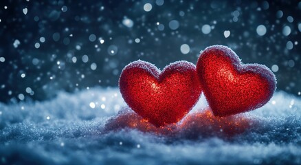 Romantic glowing hearts in snow at night