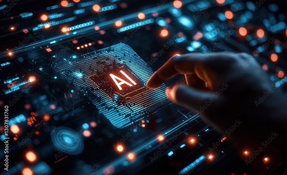 Fototapete engineer interacting with futuristic ai interface: holographic display and data points