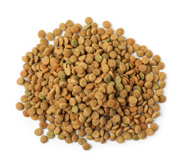 Dry pet food granules isolated on white, top view