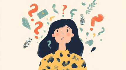 Flat Vector Illustration of Confused Woman with Question Marks, Pastel Colors, Simple Design