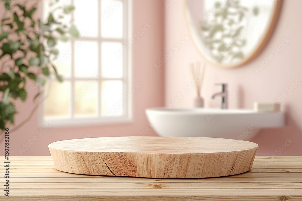 Poster Empty wooden podium displaying products in modern bathroom setting