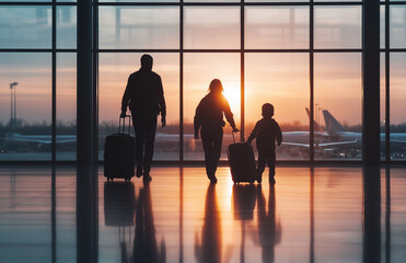 A family strolls through an airport with luggage at sunset