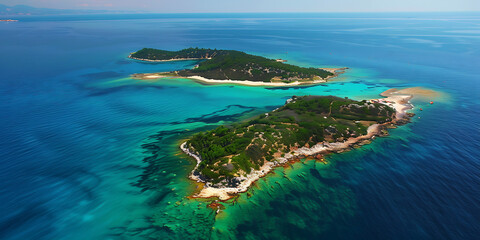 Aerial View of Three Tropical Islands Surrounded by Turquoise Waters
