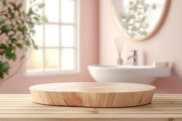 Fototapeta premium Empty wooden podium displaying products in modern bathroom setting