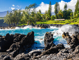 Waves Crashing Against The Volcanic Shoreline at Keanae Lookout, Keanae, Maui, Hawaii, USA