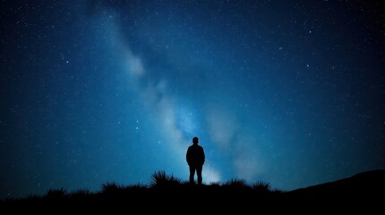Fototapeta premium Gazing at the starry night sky, a silhouetted figure stands in tranquil solitude under a blanket of shimmering stars
