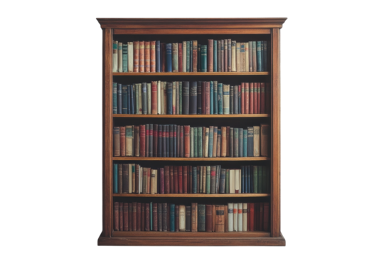 Vintage bookshelf filled with colorful, old books in a classic wooden design