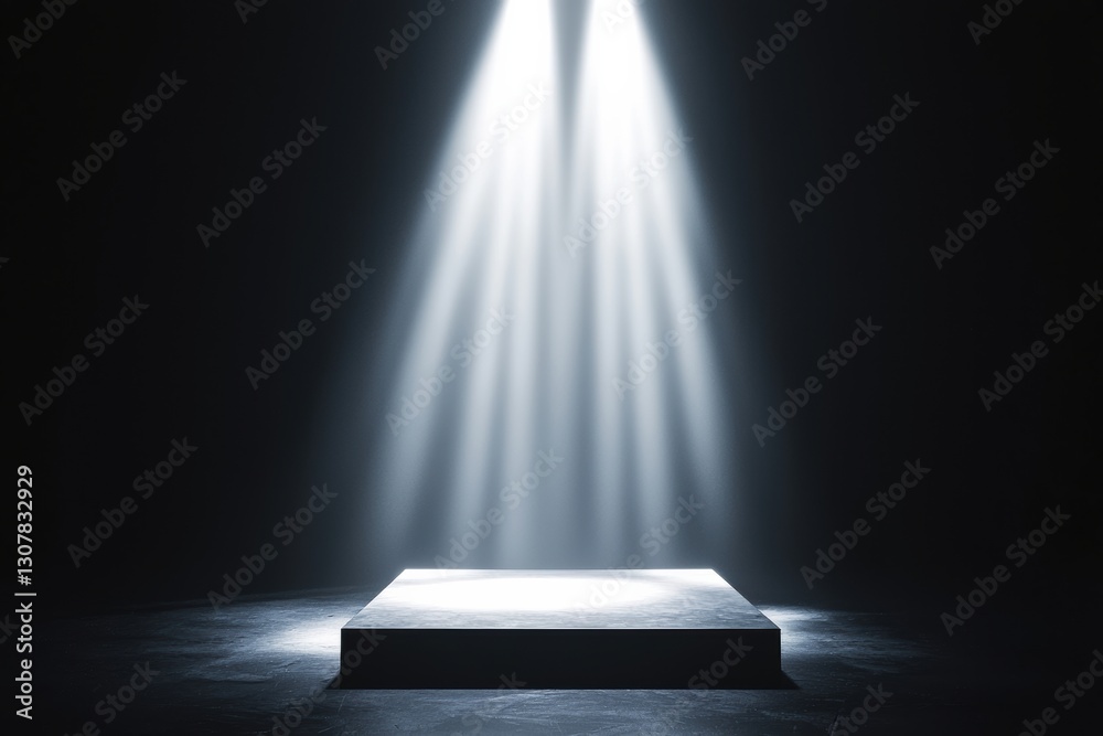 Poster spotlights illuminating empty stage in dark room