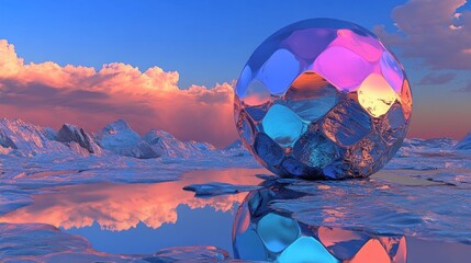 Fototapeta premium Abstract sphere in icy landscape at sunset, possible use for backgrounds or wallpaper