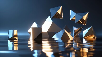 Geometric Reflections: Metallic Pyramids on a Reflective Surface with Dark Background