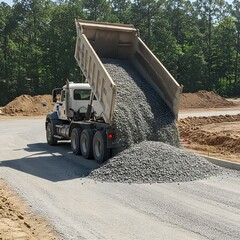A dump truck unloading gravel onto a construction road. Construction Equipment and Machinery