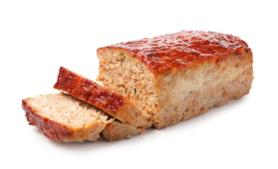 Delicious baked turkey meatloaf isolated on white