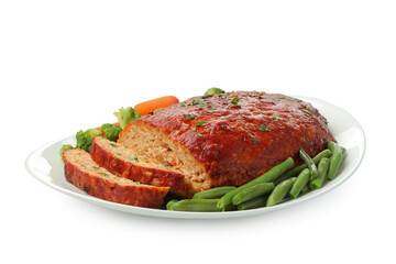 Delicious baked turkey meatloaf with vegetables isolated on white