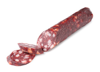 Delicious dry cured sausage isolated on white