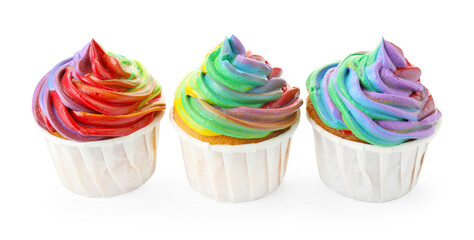 Delicious cupcakes with colorful cream isolated on white