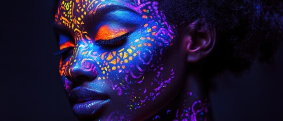 Obraz premium Closeup portrait of a serene African American woman with vibrant neon body paint in a dark studio, showcasing beauty and artistic expression