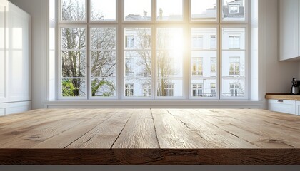 Empty wooden table in bright kitchen with large windows perfect for product placement