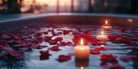 Romantic evening bath with candlelight and rose petals in serene atmosphere by the sunset