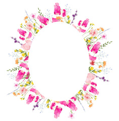 Watercolor floral rich oval frame. Diverse meadow pink sweet pea, violet lavender, orange, yellow flowers, green branches. Hand drawn style illustration. Artistic template design.