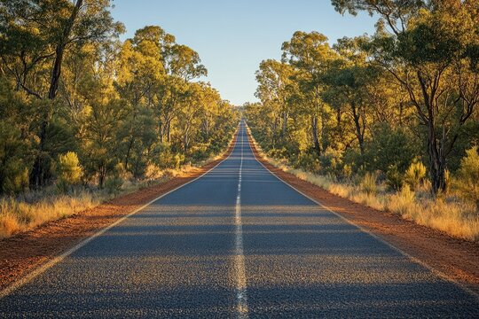 A long, straight road cuts through a sunlit Australian outback landscape, lined with trees.