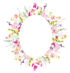 Watercolor floral oval frame. Diverse meadow pink poppy, violet lavender, orange, yellow, blue flowers, green branches. Hand drawn style illustration. Artistic template design.