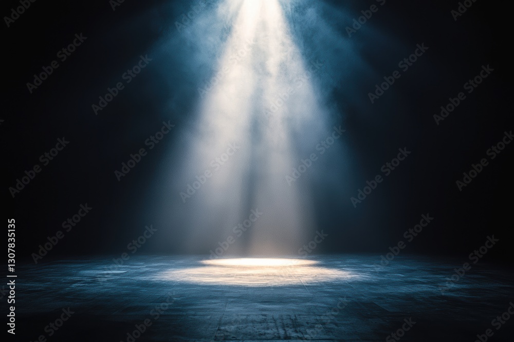 Poster spotlight illuminating empty stage with smoke, creating atmosphere of mystery