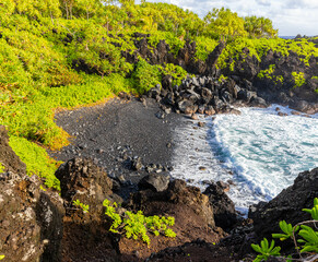 Elevated View of Pailoa Black Sand Beach From The Cliffs Above, Waianapanapa State Park, Maui, Hawaii, USA
